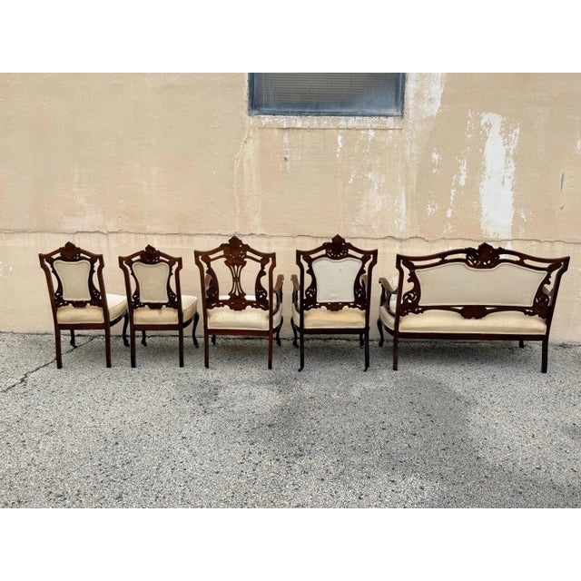 Antique Victorian Carved Mahogany Inlaid Parlor Set Sofa and 4 Chairs - 5 PCS For Sale - Image 18 of 18