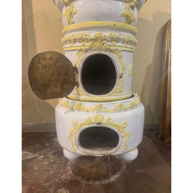 19th Century French Glazed Terracotta and Brass Wood-Burning Stove For Sale - Image 4 of 13