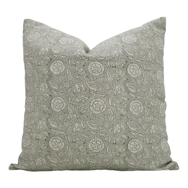 Floral Block Print Cushion Cover for Home Decor Thick Linen 16x16 Inch- Shillong For Sale