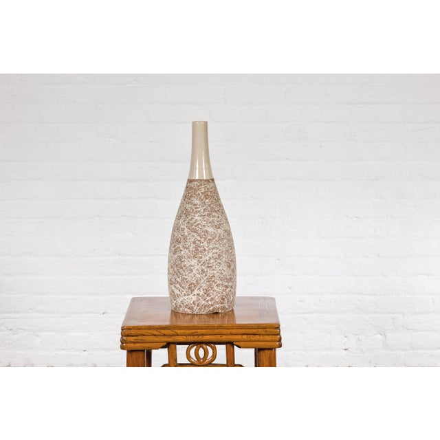 Traditional Hand-Crafted Artisan Bottle Shaped Brown and Cream Ceramic Vase with Dripping For Sale - Image 3 of 12