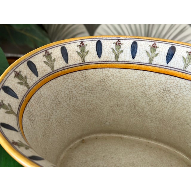 Vintage Porcelain Crackle Glaze Floral Jardinière Brass Ormolu-Style Footed Cachepot Planter Vase For Sale - Image 14 of 17