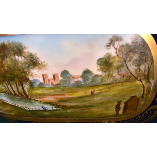 French Porcelain Mazarine Blue-Ground Punch Bowl With London View and Botanical Interior For Sale - Image 9 of 12