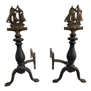 Pair of Andirons With Brass Decorative Ships, 19th Century For Sale