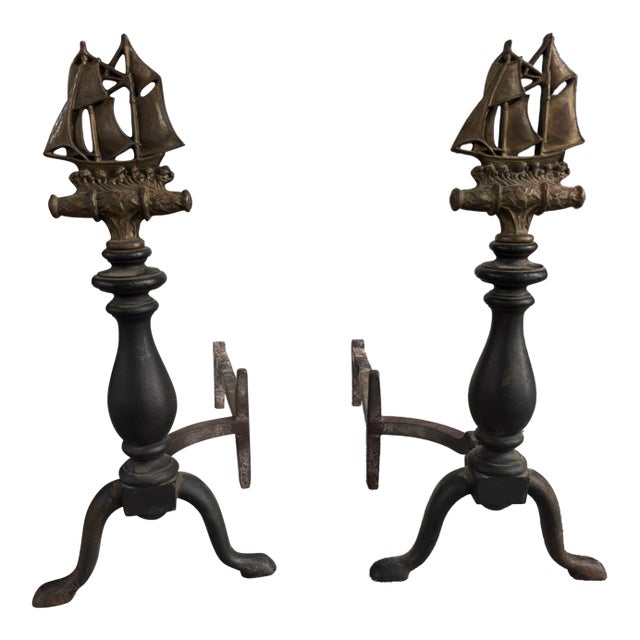 Pair of Andirons With Brass Decorative Ships, 19th Century For Sale
