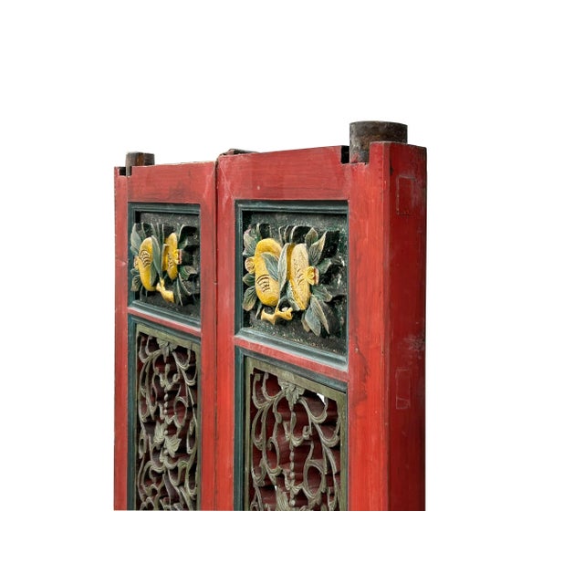 Wood Pair Vintage Red Green Yellow Fujian Relief Carving Door Panels For Sale - Image 7 of 10