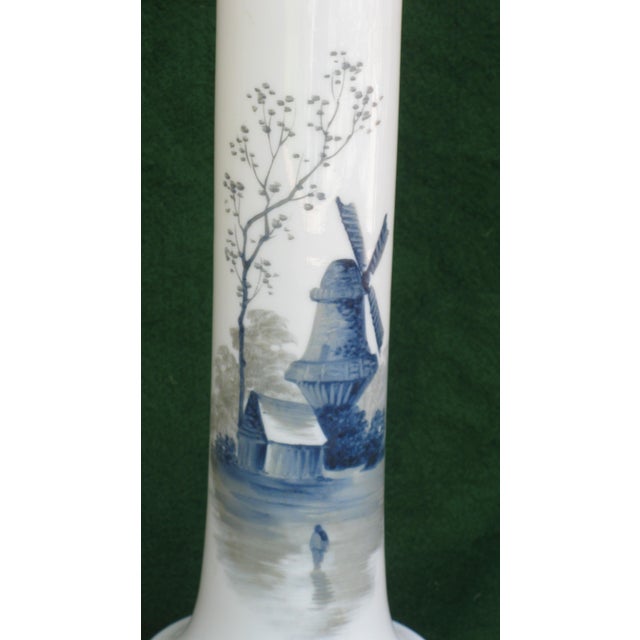 19th Century 11.5" Vase Blue Delft Milk Glass Enameled Hand Panted For Sale - Image 4 of 9
