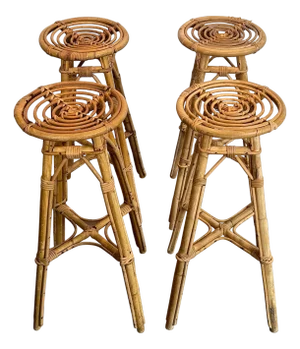 Set of 4 rattan stools. French. Circa 1970