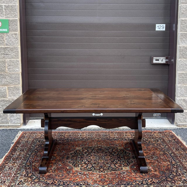 Wood Ethan Allen Old Tavern Antiqued Pine 100" End Extension Trestle Dining Table With Leaves (12-6044) For Sale - Image 7 of 12