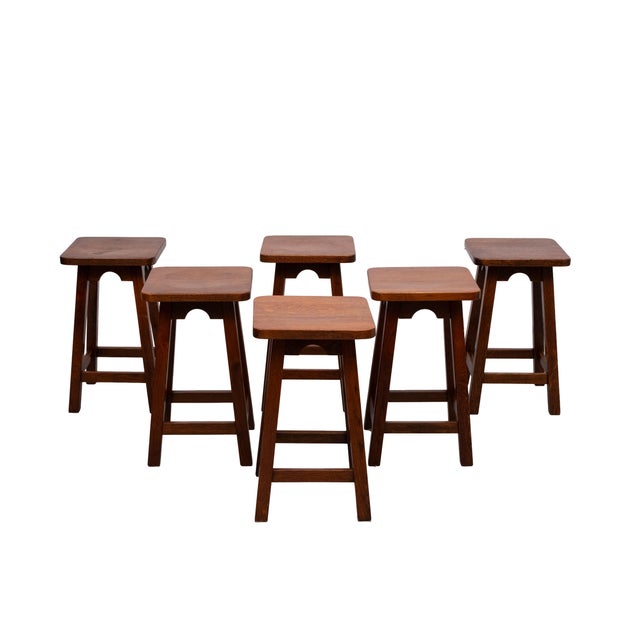 Set of 6 Solid Oak bar stools . Very nice warm Brown color . Heavy and sturdy , Ready for the next 50 years . 1970s Holland