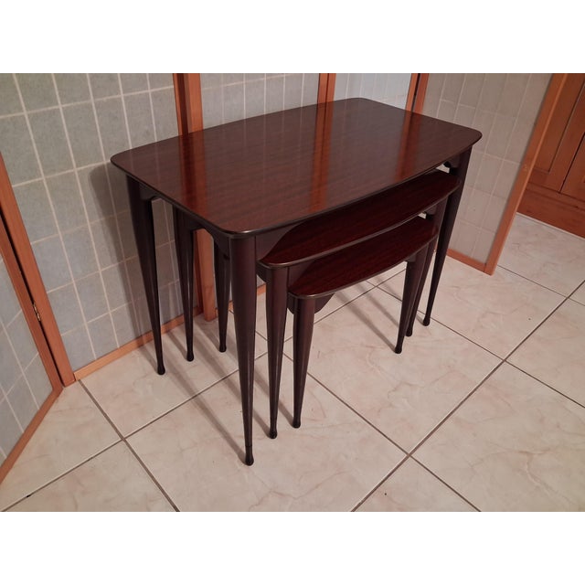 Vintage Mid Century Modern Nesting Tables Set of Three Mahogany With Mahogany Laminate Tops. For Sale In Orlando - Image 6 of 17
