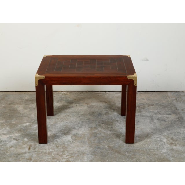 Wood English Midcentury Campaign Style Side Table with Parquet Top and Brass Braces For Sale - Image 7 of 11