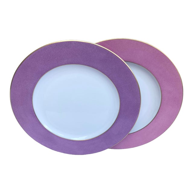 Marie Daâge Lavender and Raspberry Limoges Dinner Plates - A Pair For Sale