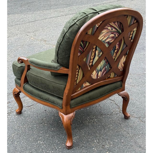 French Provincial Brandywine Custom Calico Corner Upholstered Bergere Chair With Lattice Back For Sale - Image 3 of 10