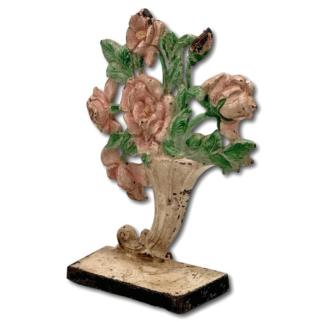 Metal Hard 2 Find Vintage 1930s Hubley Manufacturing Co. #441 Pink Roses in Slanted Vase Cast Iron Flower Doorstop For Sale - Image 7 of 12