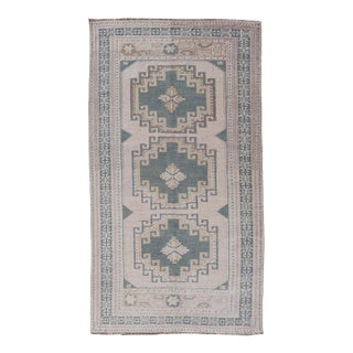 Vintage Turkish Oushak Rug With Geometric Medallions in Soft Green For Sale