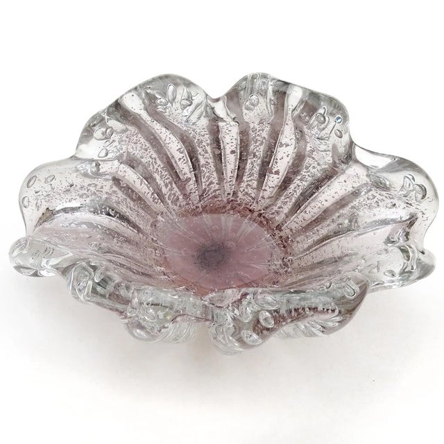 Barovier & Toso Murano Barovier Toso Vintage Purple Lavender Silver Flecks Italian Art Glass Midcentury Flower Form Bowl For Sale - Image 4 of 6