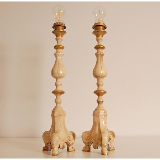 1980s 1980s Vintage Table Lamps France Cream With Gold - a Pair For Sale - Image 5 of 9