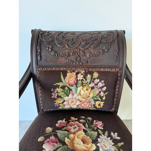 Wood Antique French Neoclassical Carved Mahogany Armchair With Floral Needlepoint Upholstery For Sale - Image 7 of 13