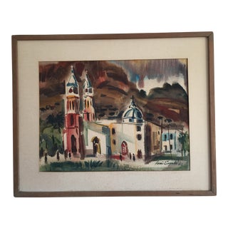 1966 Mid-Century San Francisco Church Water Color Painting For Sale
