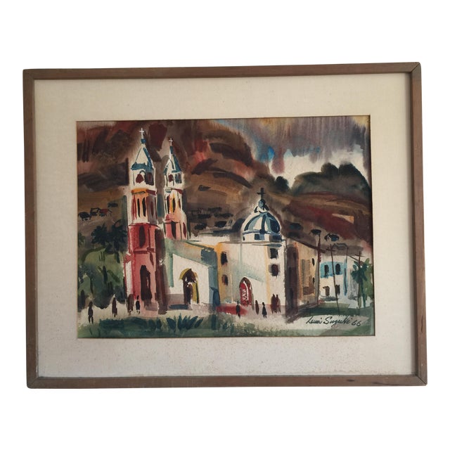 1966 Mid-Century San Francisco Church Water Color Painting For Sale