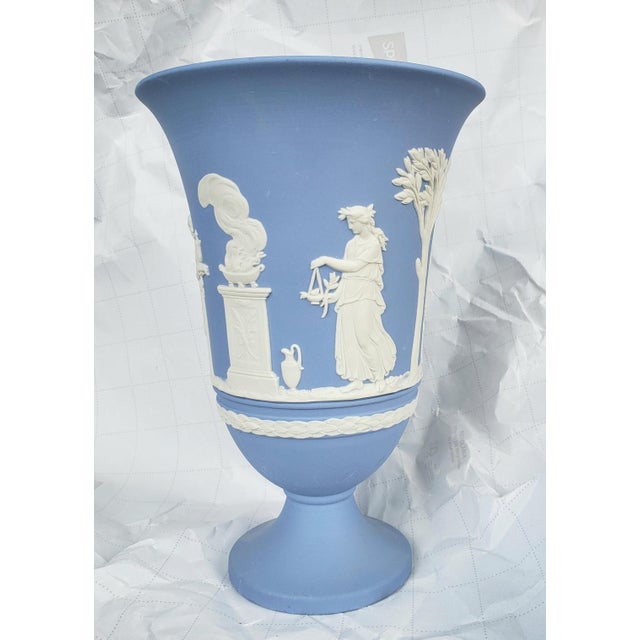 English Vintage Wedgwood Blue Jasperware Urn Vase For Sale - Image 3 of 6