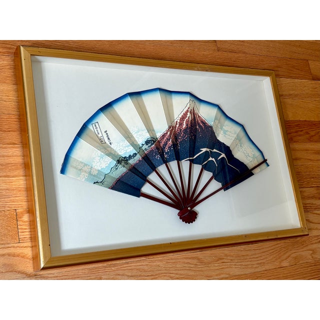 Blue 1960s Hand Painted Japanese Fan in Shadow Frame For Sale - Image 8 of 11