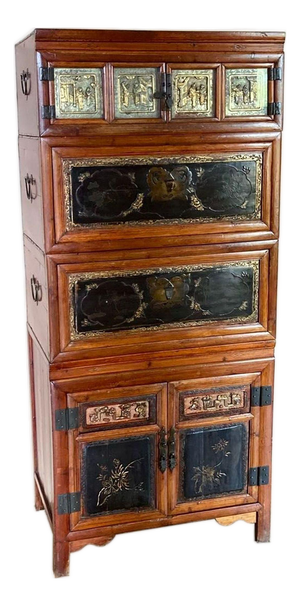 Vintage Asian Chinoiserie Lacquered Wood Tall Cabinet With Brass Decorative Panels