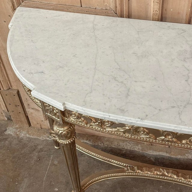 Antique French Louis XVI Giltwood Demilune Console With Carrara Marble For Sale - Image 13 of 15
