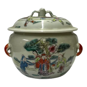 Chinese Distressed Off White Porcelain People Scenery Round Jar