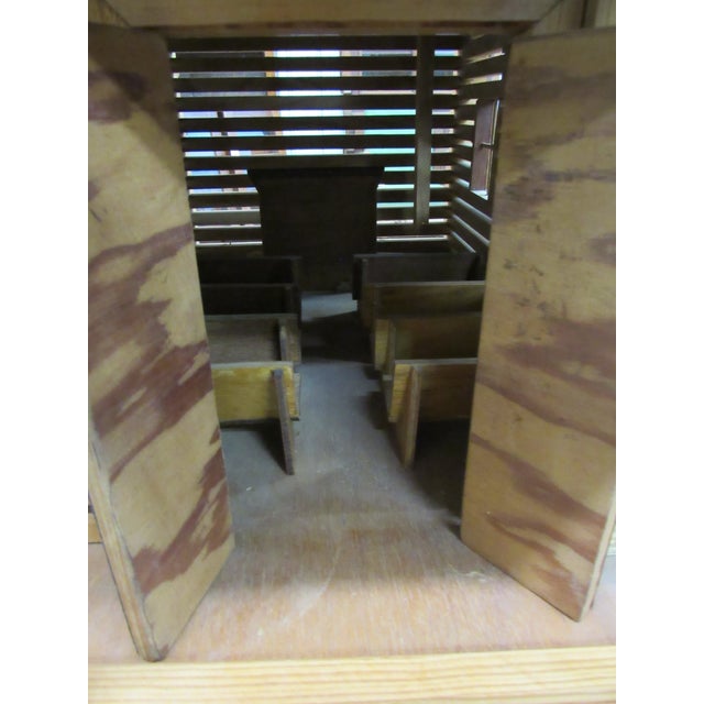 Charming vintage handcrafted wooden architectural model depicting an old-fashioned log schoolhouse, impressively sized at...