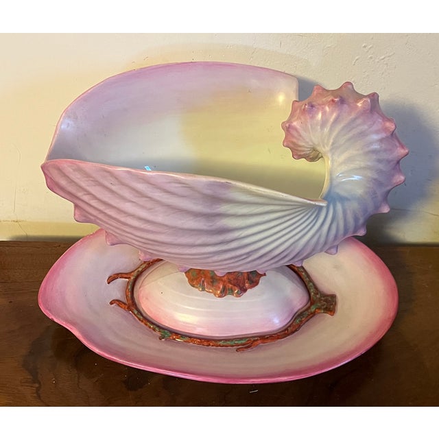 Antique 19th Century Wedgwood Pearlware Centerpiece - Pink Nautilus Sea Shell Compote Tureen With Clam Shell Under Tray For Sale - Image 9 of 18