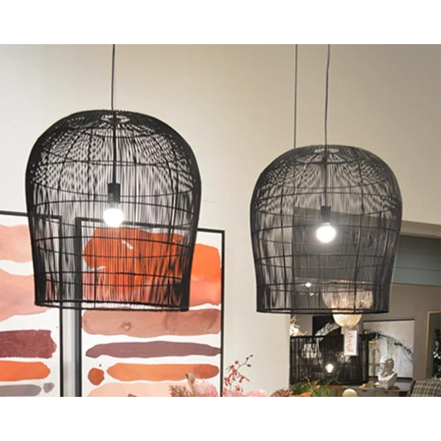 Contemporary Black Rattan Dome Modern Pendant Light For Sale - Image 3 of 4