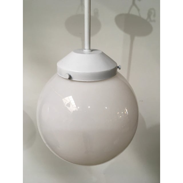 Pair of Mid-Century Modern Feldman Globe Pendant Lights, Los Angeles, Refinished White & Milk Glass For Sale - Image 9 of 11