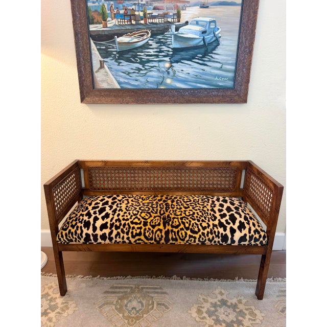Vintage Hollywood Regency Cane Leopard Bench For Sale - Image 4 of 6