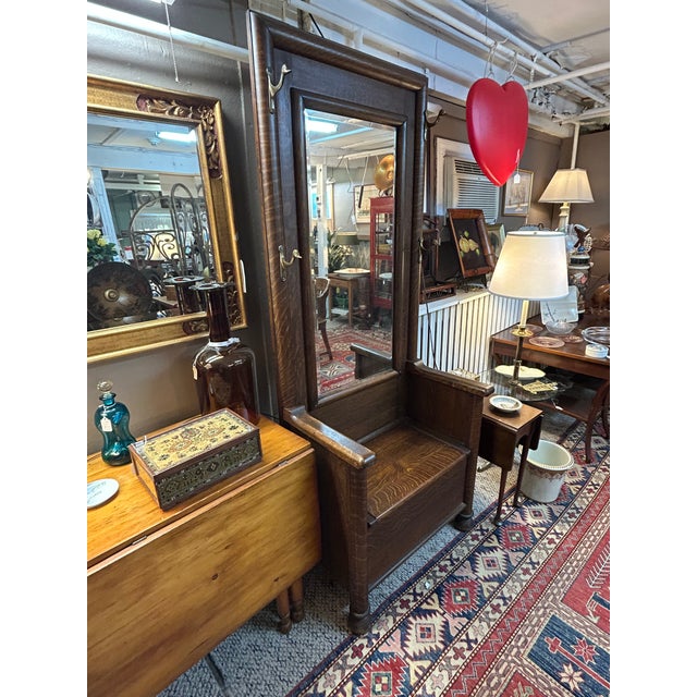 Antique Tiger Oak Hall Tree With Bevelled Mirror & Duck Coat Hooks For Sale - Image 9 of 18