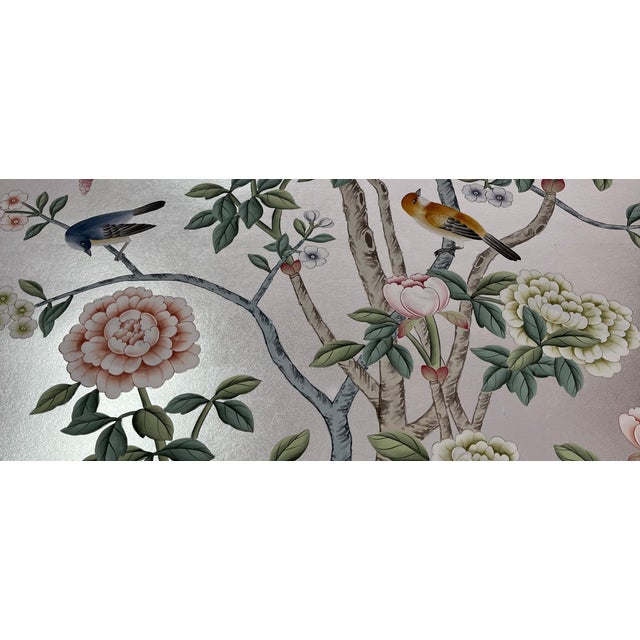 Silver Leaf Chinoiserie Hand-Painted Peony & Exotic Bird Wall Panels (Set of 4) For Sale - Image 4 of 4