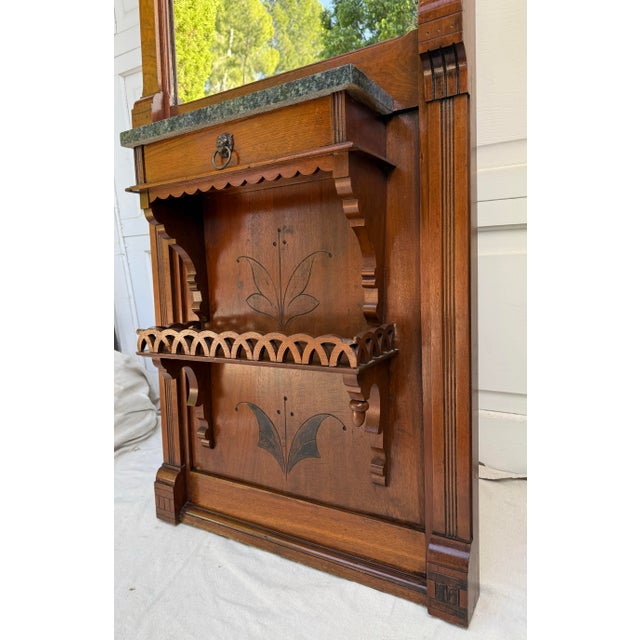 Brown 1880s Eastlake Aesthetic Movement Walnut Hall Mirror With Marble Shelf & Drawer For Sale - Image 8 of 16