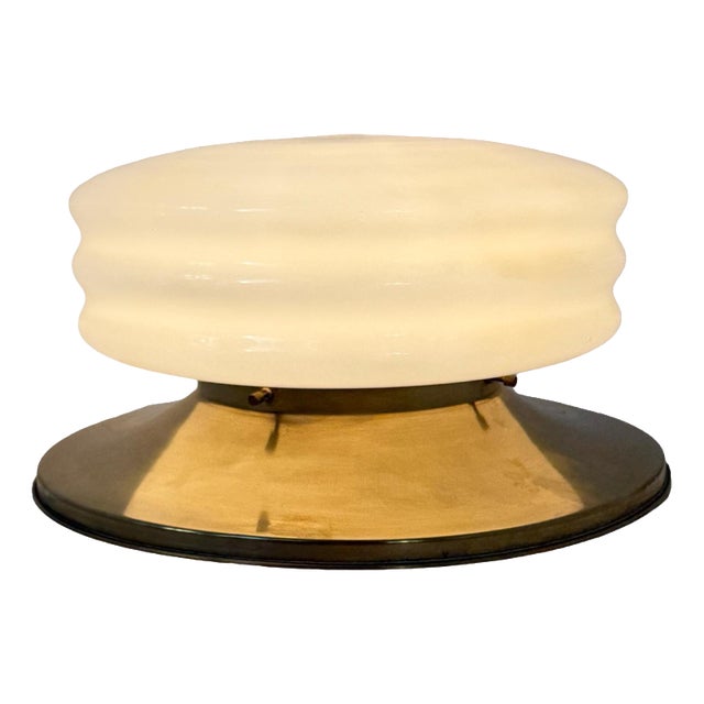Vintage Art Deco Italian Brass and Opaline Glass Ceiling-mounted Lamp from Deknudt Lustrerie For Sale