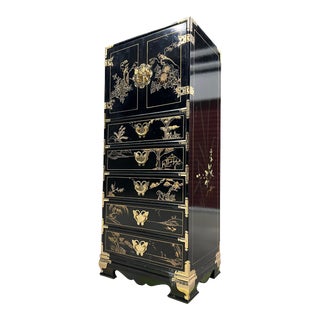 Chinoiserie Black Lacquered & Brass Tansu Style Tall Dresser For Sale