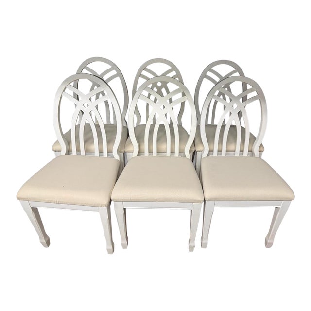 Late 20th Century Universal Furniture White Dining Chairs Arched Open Work Geometric Rounded Back Set of Six For Sale