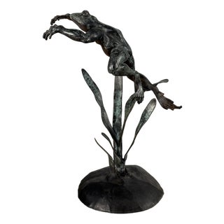 Large Jumping Frog Fountain Sculpture – Hand Cast Bronze Garden Accent, 32” Tall For Sale