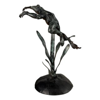 Large Jumping Frog Sculpture – Hand Cast Bronze Garden Accent, 32” Tall For Sale
