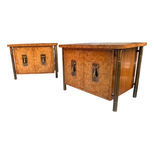 1960s William Doezema for Mastercraft Carpathian Elm Burl & Brass Floating Nightstands — Pair, Attributed For Sale