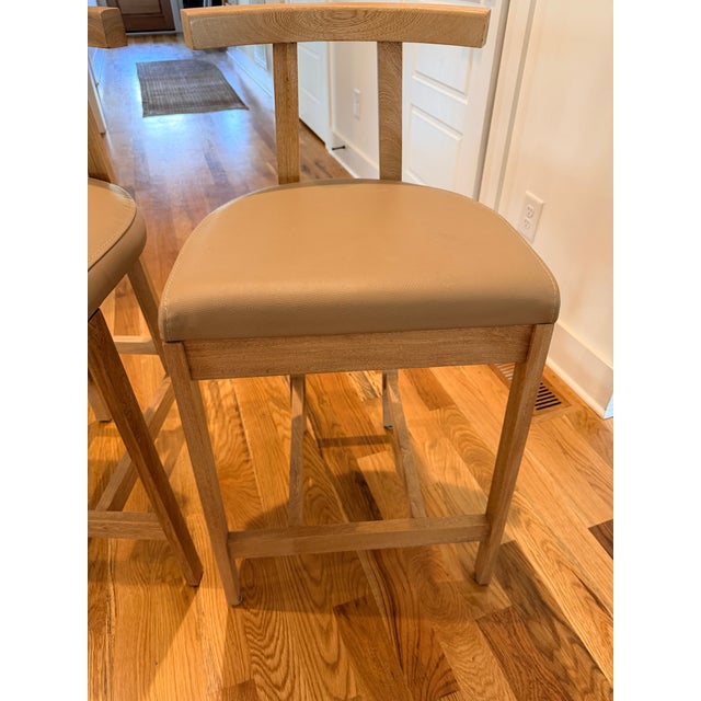 Mid-Century Modern Pair of Natural Wood/Faux Leather Lulu and Georgia Barstools (Counter Height) For Sale - Image 3 of 8