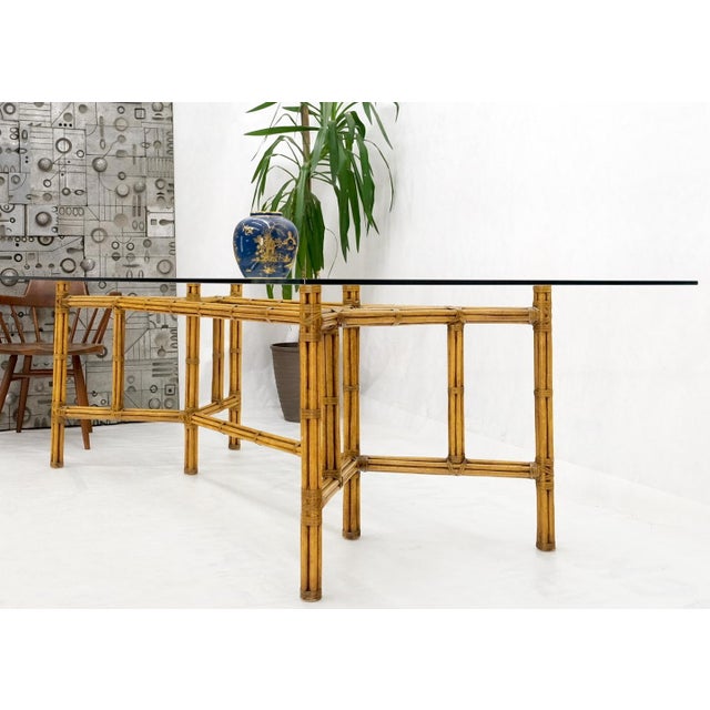 Mid 20th Century Large Bamboo & Leather Frame 3/4" Thick Glass Top Dining Conference Table For Sale - Image 14 of 18