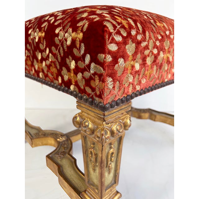 Wood Late 20th Century Carved Giltwood Ottomans/Benches, Embroidered Seats, Nailheads, Pair, Louis XIV For Sale - Image 7 of 11