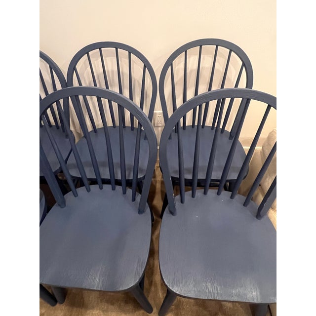 Vintage Set of 8 Spindle Back Dining Chairs in Farrow & Ball Hague Blue For Sale - Image 12 of 13