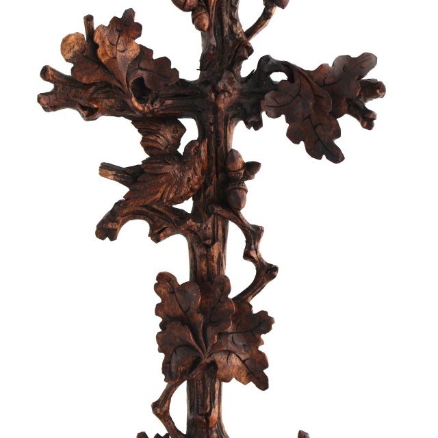 Late 19th Century Antique 19th Century Black Forest Hand-Carved Wooden Cross With Birds and Acorns For Sale - Image 5 of 14