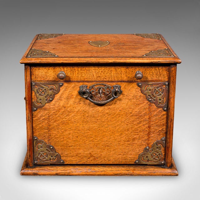 Antique Stationery Box, English, Golden Oak, Fall Front Desk Tidy, Edwardian For Sale - Image 4 of 12