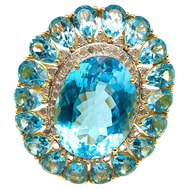 Bochic "Capri" Natural Oval Shape Blue Topaz & Diamond Set In 18K Gold & Silver For Sale - Image 10 of 18